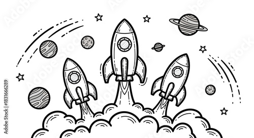 Three rockets launching into space with planets and stars in the background