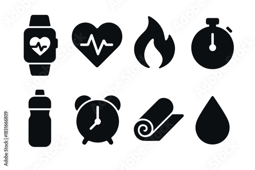 Minimalist fitness icons featuring heartbeat, stopwatch, and workout essentials for design and branding