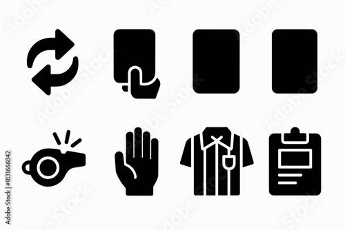 Referee icon set: whistle, cards, and uniform for sports design and communication