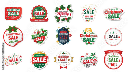 Christmas sale stickers set offering discounts, perfect for holiday promotions and seasonal marketing campaigns grabbing attention with festive designs