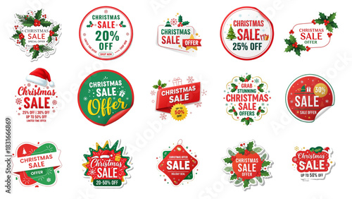 Christmas Sale Badges Vector Set - Festive Discount Labels, Stickers, and Promo Tags for Holiday Promotions