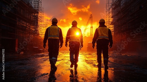 Construction workers stand silhouetted against a dramatic fiery sunset on an industrial site, highlighting hard work and resilience.