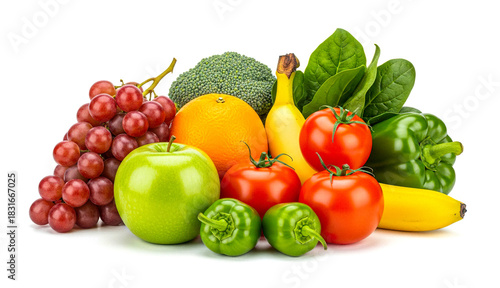 Fresh assorted fruits and vegetables in high resolution, vibrant colors and natural textures, perfect for healthy food, nutrition, grocery and organic lifestyle concepts.
