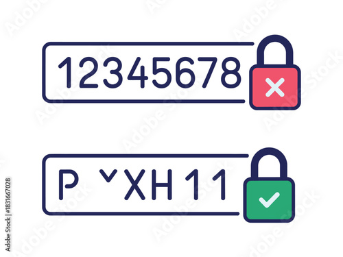 Two license plates are shown with security locks, one with a red 'X' indicating a security breach and the other with a green checkmark indicating security.