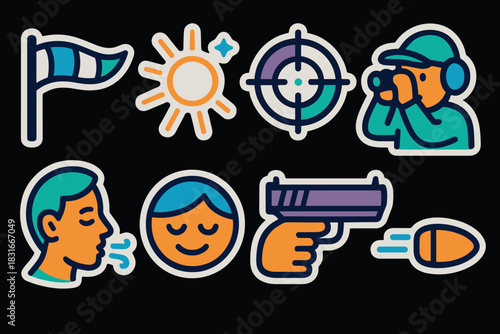 Vibrant vector icons set featuring wind flag, sun, target, observer, communication, face, gun, bullet for graphic design