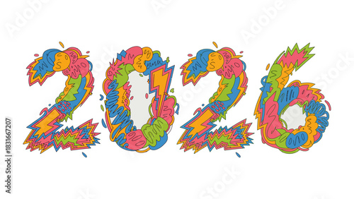 Colorful Digit of 2026: An eye-catching, handcrafted design presents the year 2026, where each digit is adorned with playful, multi-colored artistic elements.