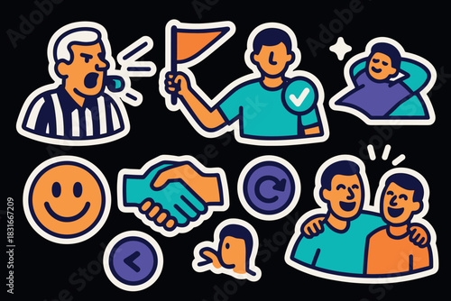 Colorful sports stickers featuring referee, athletes, and symbols for creative design and decor