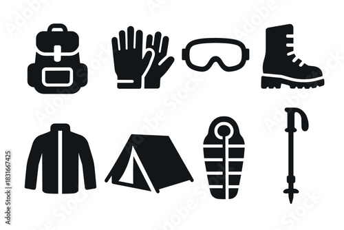 Collection of outdoor gear icons for camping and hiking design projects