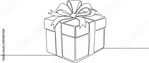 Continuous line drawing of a gift box with ribbon on white background design