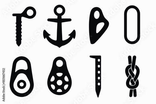 Climbing gear icons collection for outdoor adventure designs and equipment illustrations