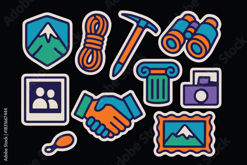 Retro alpinism icon set with mountain, gear, and photography elements for adventure design
