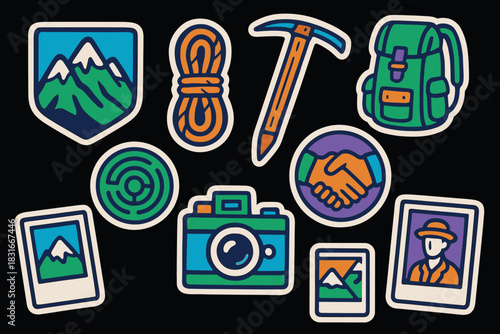 Vintage alpinism icons set for adventure and exploration design projects