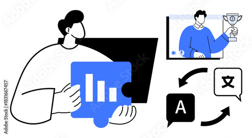Person reviewing data charts and monitoring video presentation with a trophy. Includes language translation symbols and interconnected arrows. Ideal for global business, analytics, success