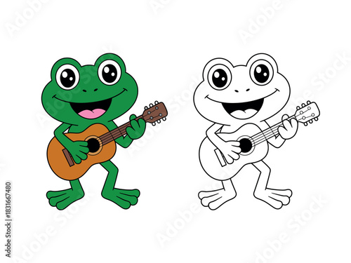 A cheerful cartoon frog plays an acoustic guitar, with a black and white outline version shown next to it.