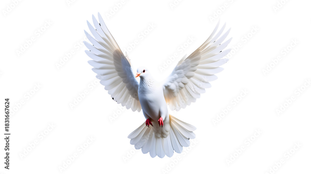 Obraz premium A beautiful white dove in full flight with wings spread wide against a black background.