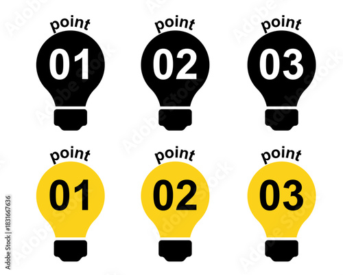 「ポイント 01, 02, 03」文字入り！ひらめき・電球（ライトバルブ）アイコンセット  アイデアや重要事項に！手順・特徴表示に使える黒と黄色の電球イラスト(あしらい シンプル 飾り 装飾 ベクター 編集可能) 説明資料 