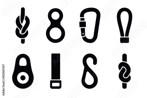 Climbing gear vector icons set for outdoor adventure and equipment design