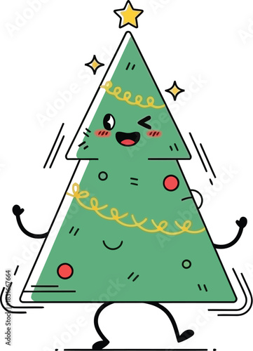 Playful christmas tree character with a star topper winking and dancing happily around