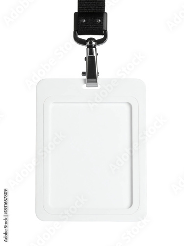 Blank plastic badge with lanyard, minimal style, isolated on white, perfect for business, office, event, or conference identity and security purposes.