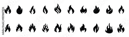 Collection of Black Fire Flame Icons Isolated on Transparent Background