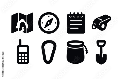 Essential adventure gear icons set for outdoor enthusiasts and design use