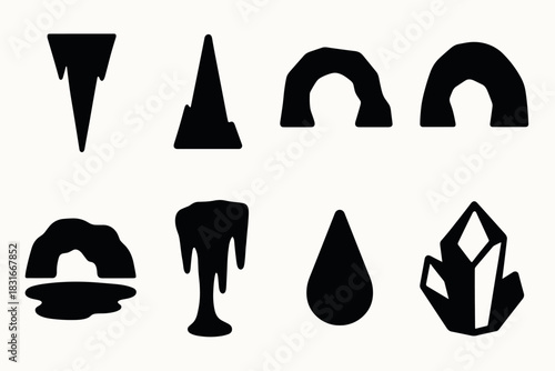 Cave icon set with stalagmites, stalactites, and crystal designs for graphic projects