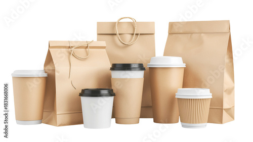 Eco friendly takeaway containers paper cups and bags arranged for sustainable food and beverage services