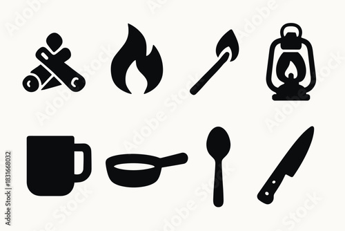 Bold camping icons collection for adventure design and outdoor activities
