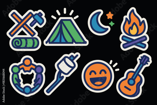 Camping adventure sticker icons for outdoor enthusiasts and nature-themed designs