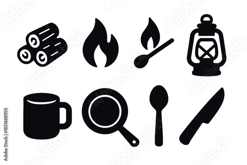 Bold camping icons featuring lanterns, campfire, cooking utensils, and more for outdoor design