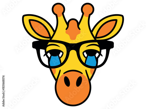 A stylized illustration of a giraffe wearing glasses and crying.