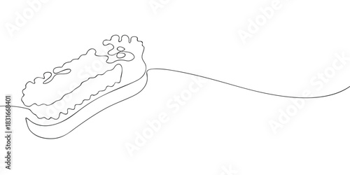 A simple line drawing of a cleaning sponge covered in soap suds, resting on a curved surface in a minimal continuous line style.