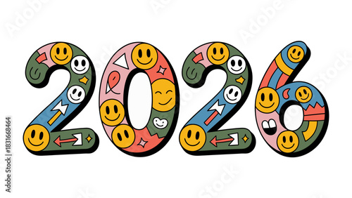 2026: A cheerful visual of the year 2026, rendered in a colorful and playful design, adorned with smiley faces, abstract shapes, and arrows, all set against a clean, uncluttered background.