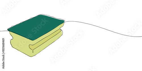 A simple illustration of a kitchen sponge with a green scouring pad on top and a yellow absorbent base, drawn in a minimal continuous line style.
