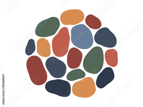 A collection of smooth, organic shapes in various earthy colors are arranged in a circular pattern against a white background.