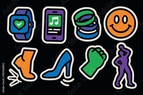 Vibrant vector icons set featuring technology, fitness, and emoticons for creative design