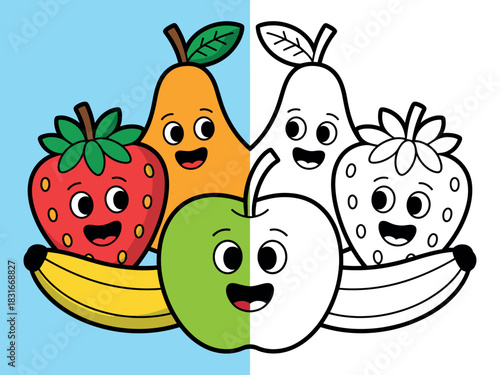 A vibrant split image showcases a colorful collection of cartoon fruits on the left and their black and white outlines on the right, ready for coloring.