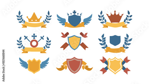 Elegant Heraldic Crests Vintage Decorative Shield Emblems with Laurel Wreaths