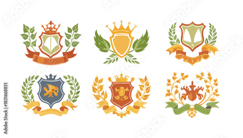 A collection of elegantly designed heraldry crests and royal coats of arms, representing tradition, nobility, and honor