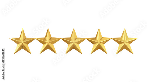 A perfect five-star rating symbol with gleaming golden stars, representing the highest level of quality, positive review, and customer satisfaction on a white background