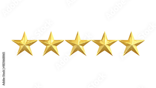 Five Golden Stars in a Row, Symbolizing Excellent Service and Top Quality, Isolated on White