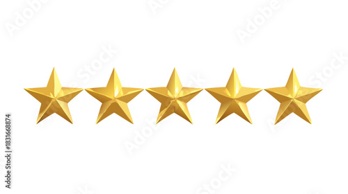 Golden five-star rating icon representing top quality, customer satisfaction, and excellent service review on a white background