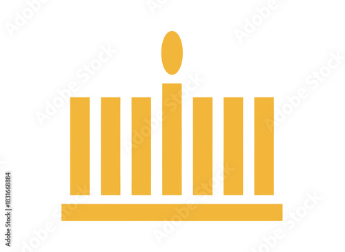 A minimalist golden menorah design, a symbol of Hanukkah, with a central candle lit against a clean white background, ideal for holiday themes.