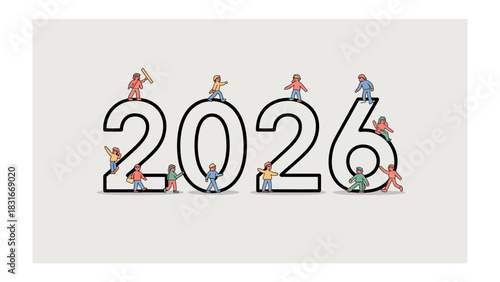 Teamwork Building the Future: Miniature figures collaboratively construct the number 2026, symbolizing teamwork, progress, and building toward the future.