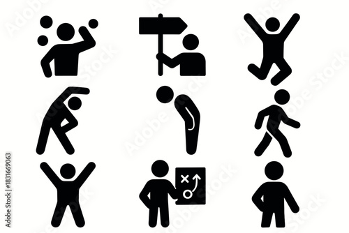 Minimalist icons depicting active poses and activities for infographics and digital design