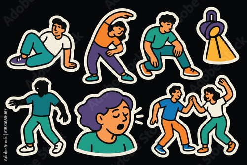 Colorful dance and exercise icons for creative design and party themes