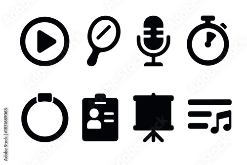Bold minimalist icon set for apps and websites featuring microphone, stopwatch, and music