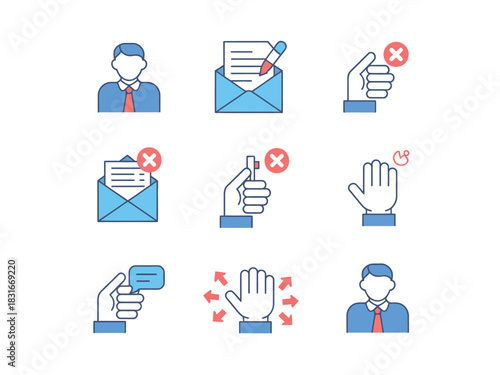A set of nine flat design icons depicts common communication and social interaction elements, including people, mail, and hand gestures.
