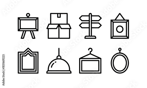 A collection of simple line art icons depicts various objects including an easel, a cardboard box, a signpost, and picture frames.