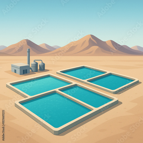 Vector Illustration of Lithium Evaporation Ponds with surrounding mountains, desert and factory